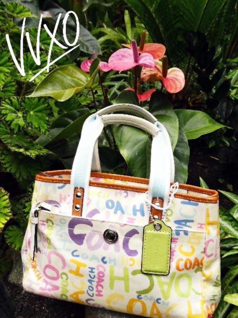 Coach Multicolor Graffiti Canvas Tote With Snap Sides And Light Blue Straps